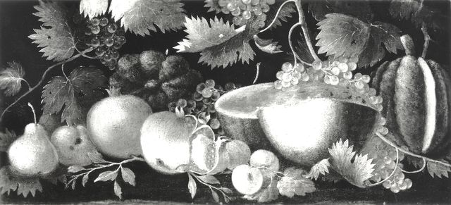 Anonimo — Malagoli Francesco - sec. XVIII - Natura morta con uva, pere, melagrane, cocomero e melone — insieme